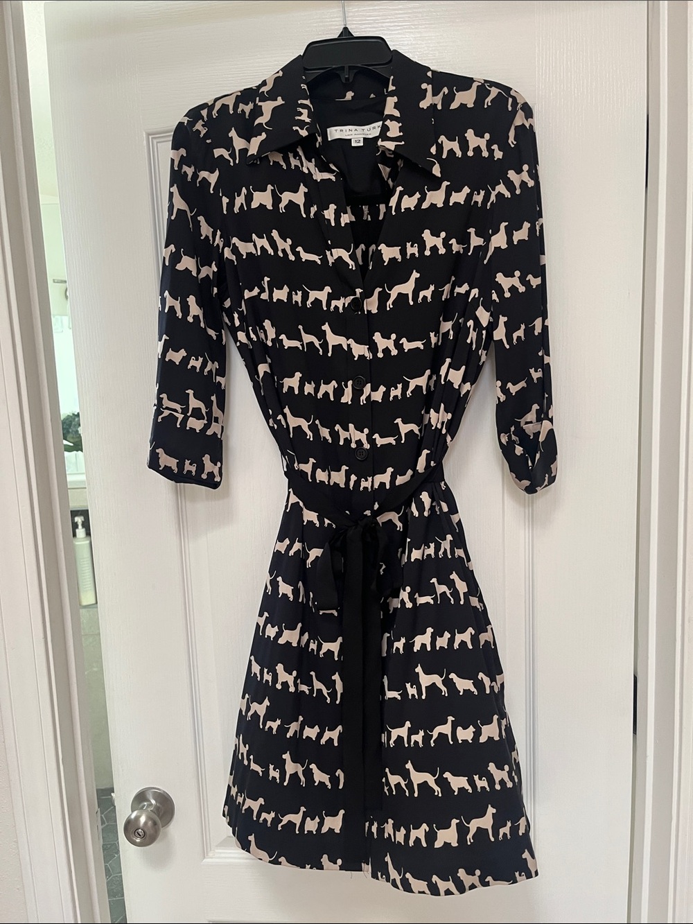 Trina Turk Silk Button-Front Black Shirt Dress with Cream Dog Print, 12